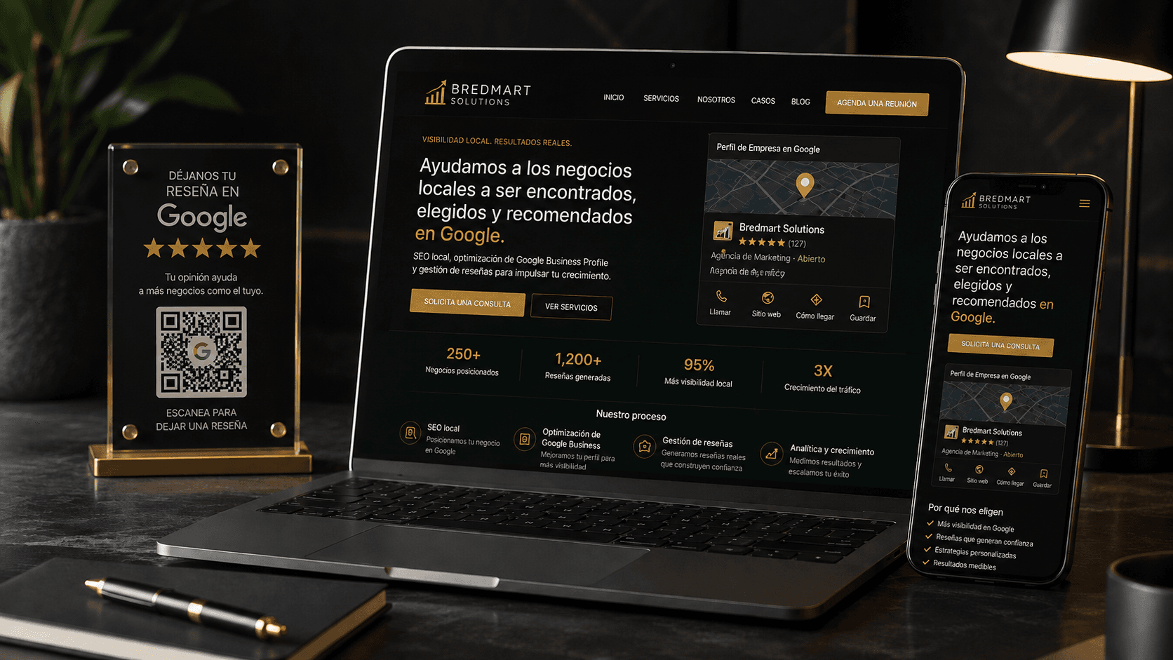 Landing page de Bredmart Solutions vista en laptop y celular, junto a una placa con código QR para reseñas de Google, mostrando el perfil de negocio, valoraciones y métricas de posicionamiento.