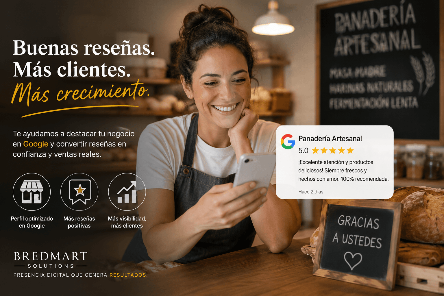 Emprendedora con presencia optimizada en Google y buenas reseñas gracias a Bredmart Solutions