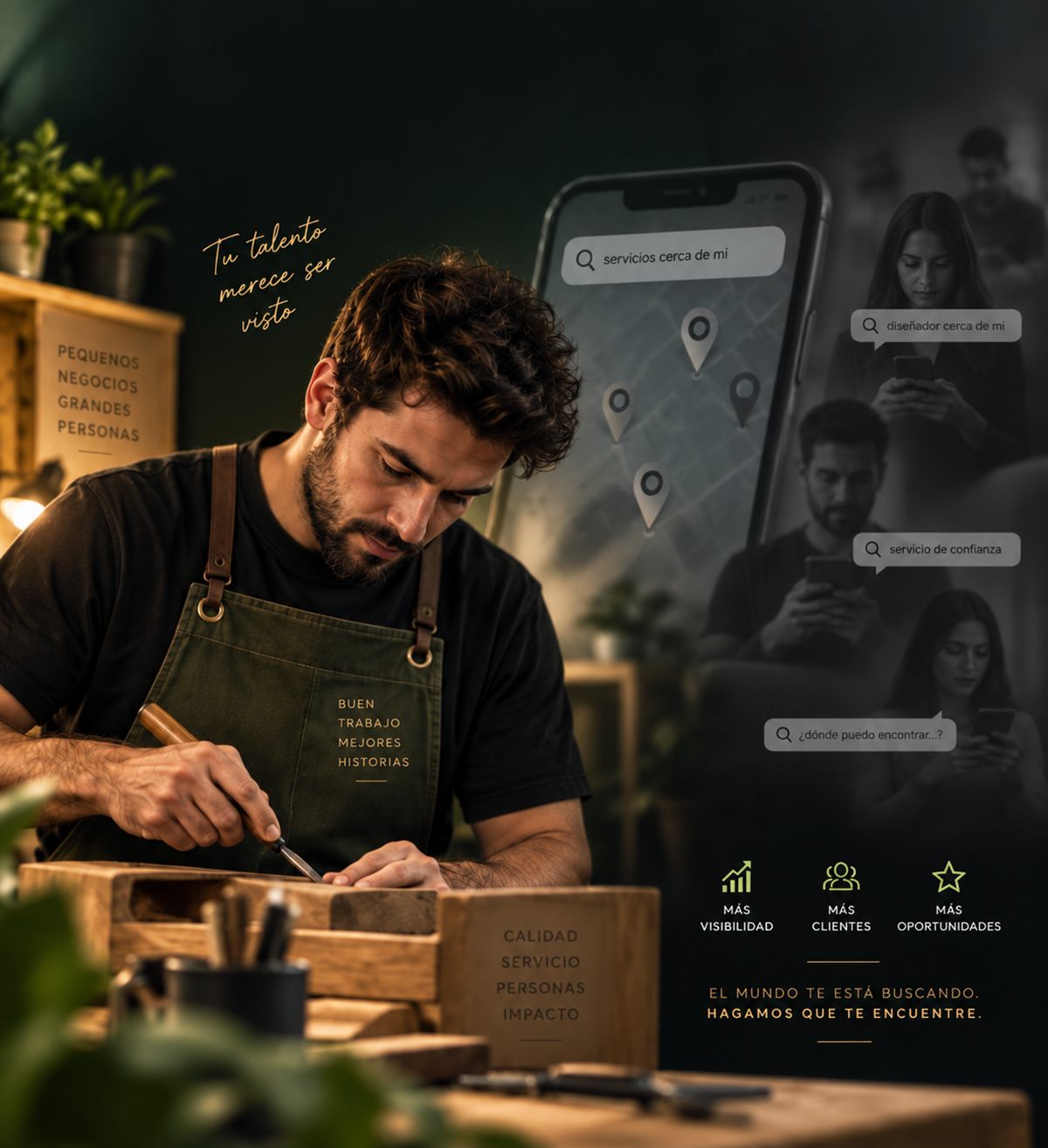 Un carpintero trabajando en su taller mientras varias personas buscan servicios cerca de ellas en el celular.