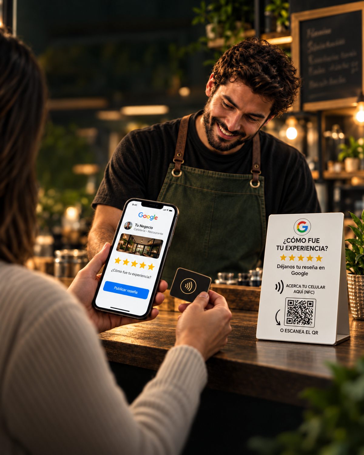 Una clienta deja su reseña en Google desde el celular acercándolo a una tarjeta NFC, junto a un cartel de mostrador con código QR.